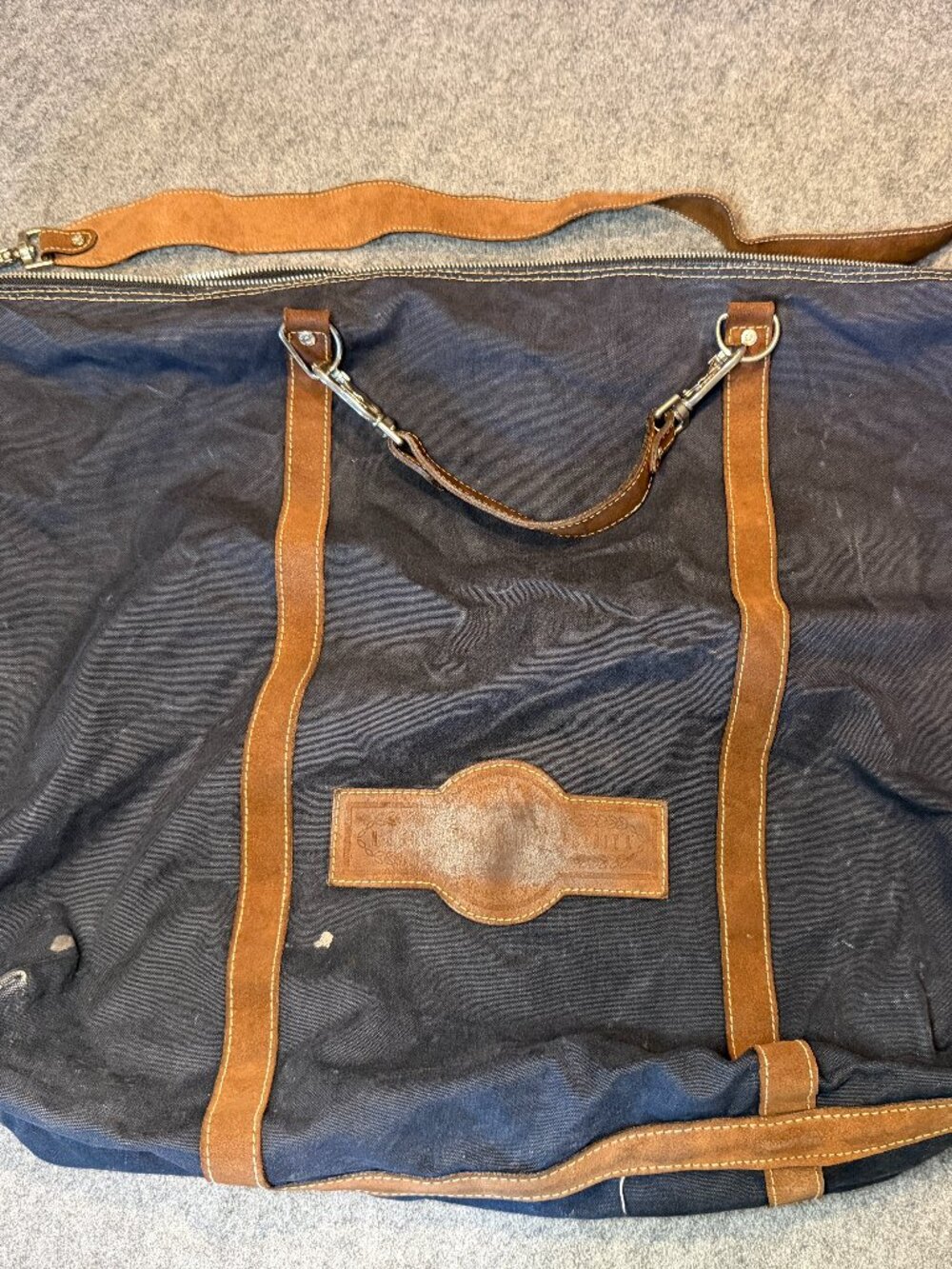 Vintage Distressed Canvas Leather Trim Duffel Travel Bag Large Blue Brown Rugged